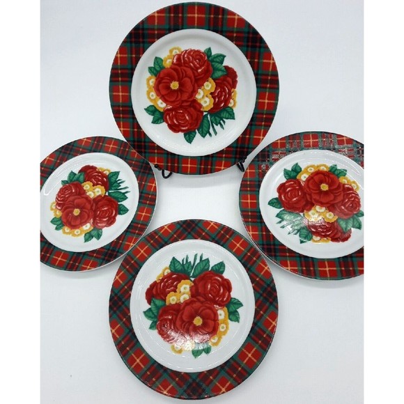 Vintage Holly Holderman Set Of 4 Red & Green Plaid Floral 8" Salad Plates - Picture 5 of 8